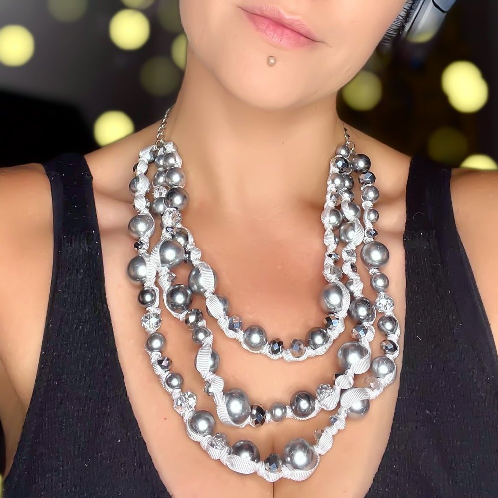 Silver Ribbon Beaded Necklace